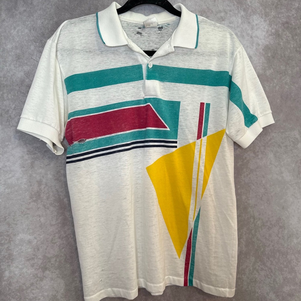 Vintage 80's Jantzen THRASHED Polo Tee Size Medium Teal‎ Red Yellow Geometric